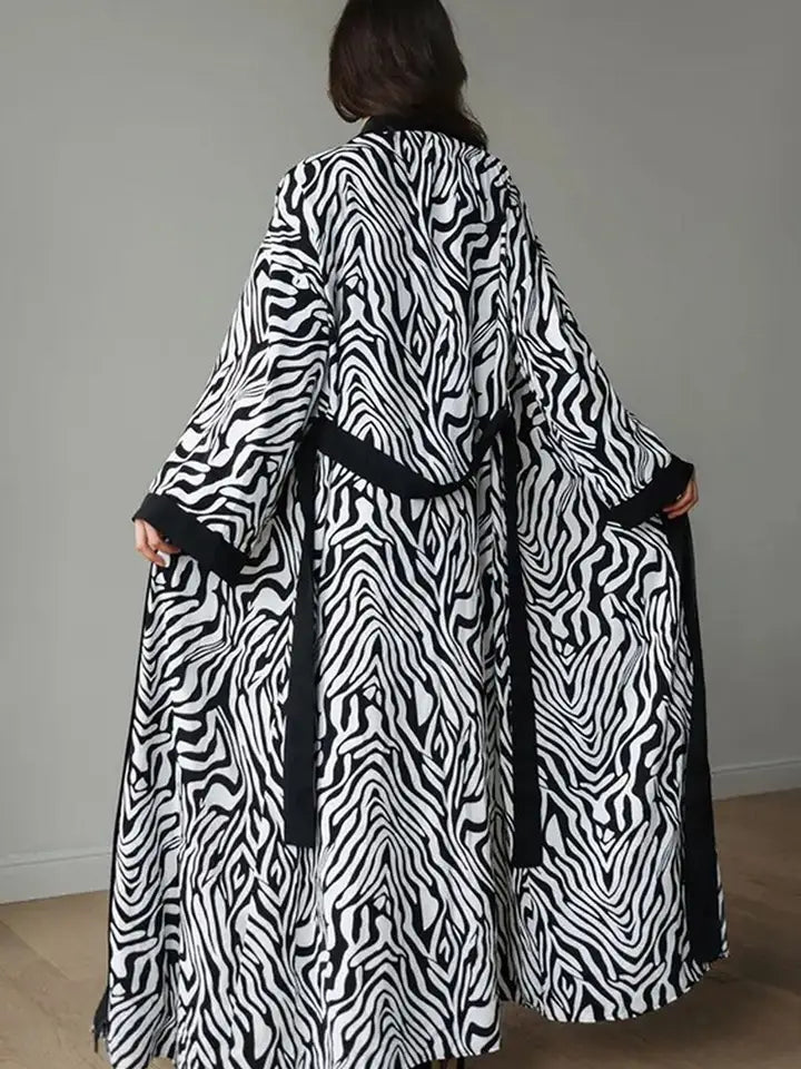 Fashion Zebra Print Long Sleeve Cardigan Robe with Tie