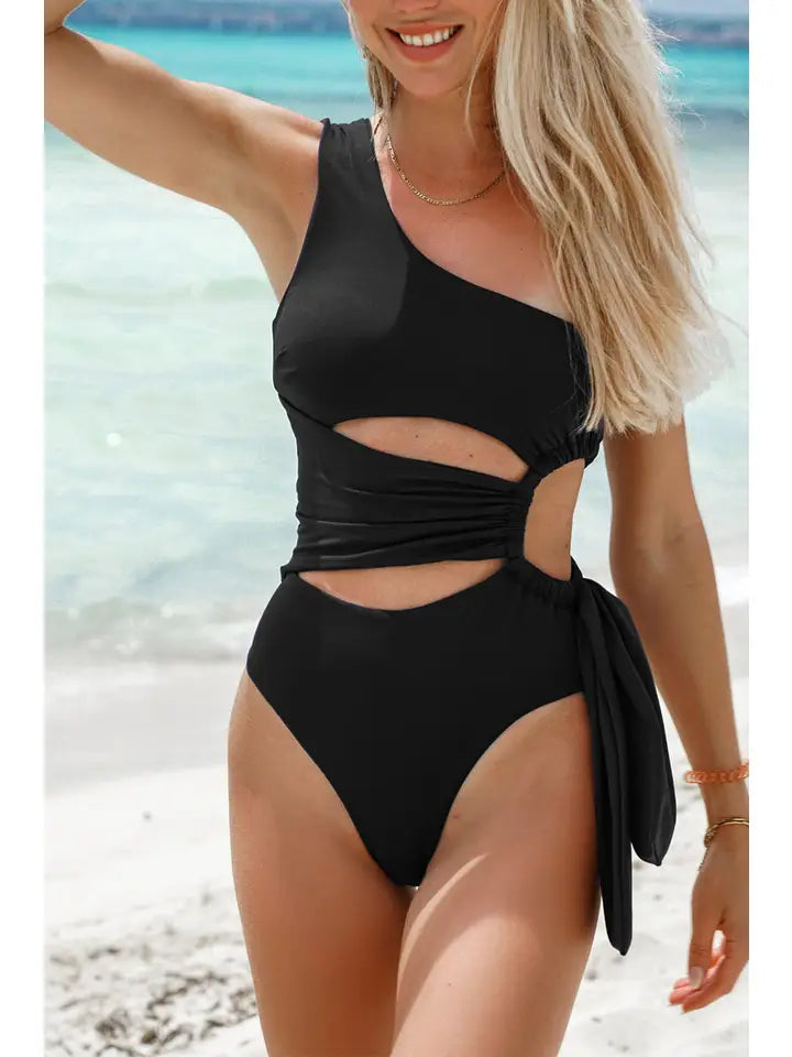 Black Sexy Solid One Shoulder Cutout One Piece Swimsuit