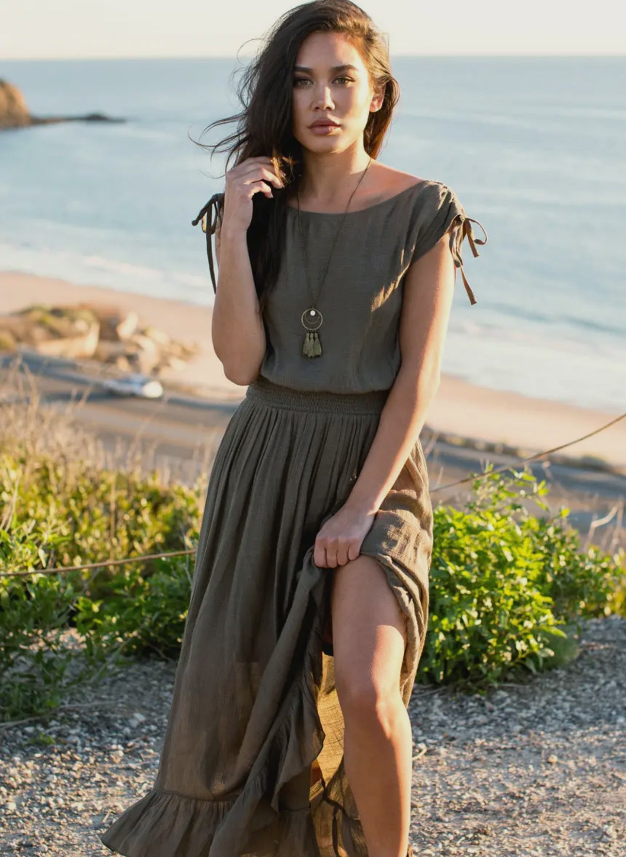 Cozy Boho Loungewear Dress with Ruching for On or Off Shoulder
