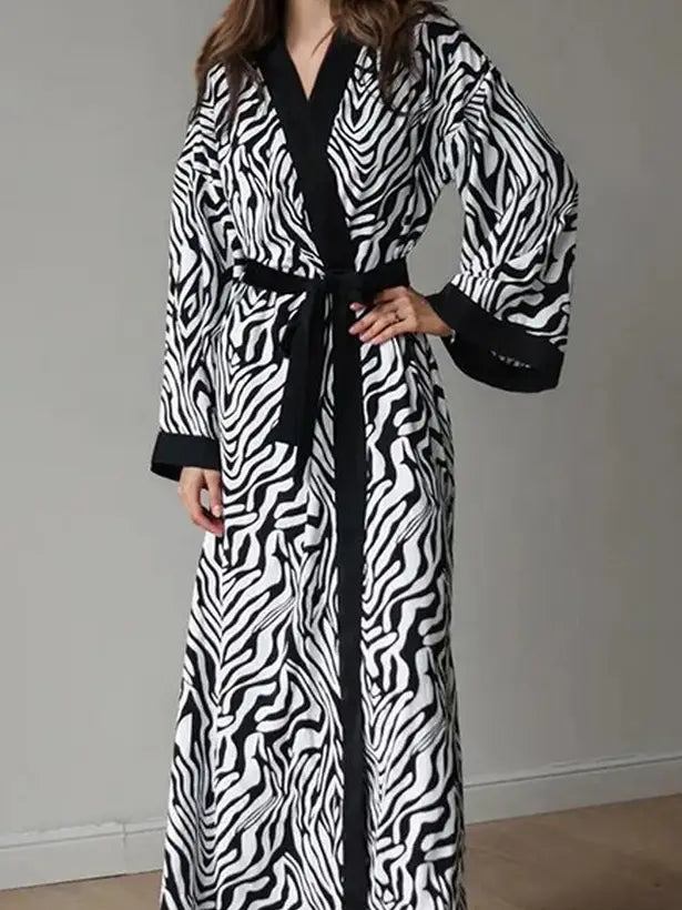 Fashion Zebra Print Long Sleeve Cardigan Robe with Belt CWSPJ0063