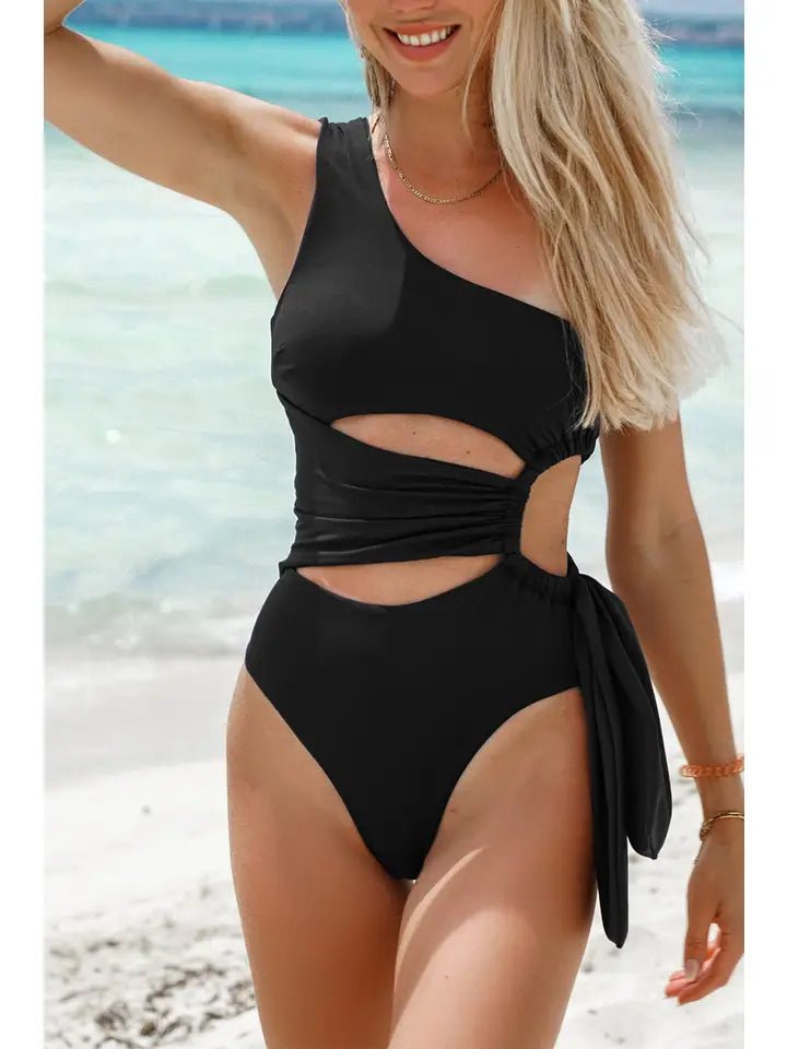 Black Sexy Solid One Shoulder Cutout One Piece Swimsuit - Bambolina’s Boutique