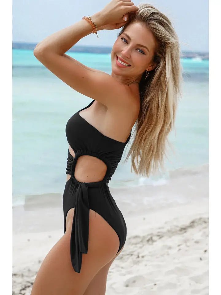 Black Sexy Solid One Shoulder Cutout One Piece Swimsuit - Bambolina’s Boutique