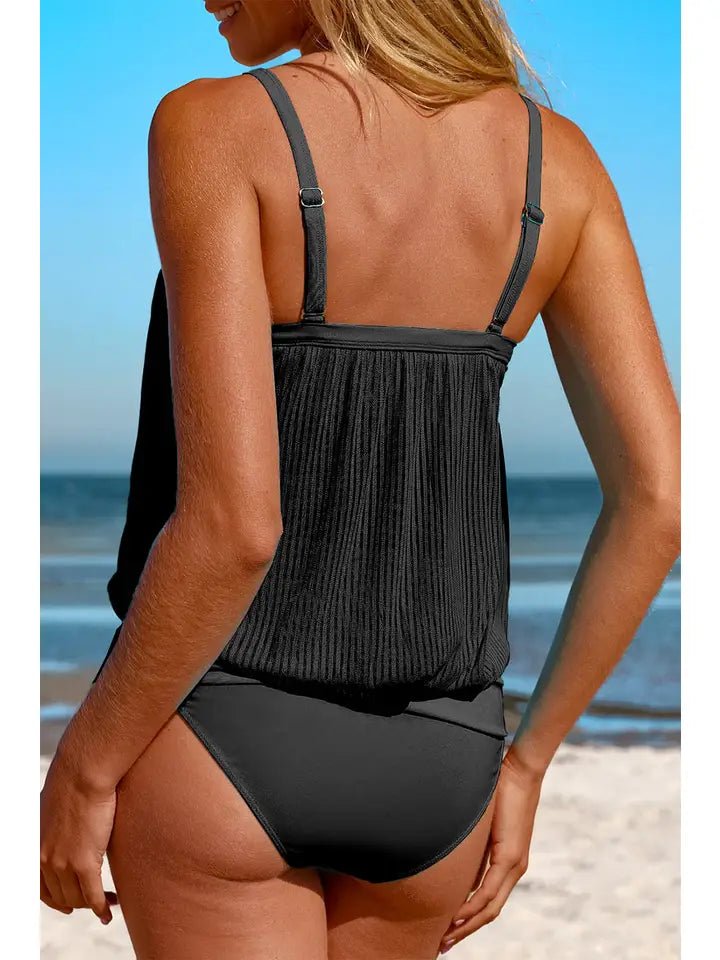 Black Striped Mesh Knotted Hem Tankini Swimsuit - Bambolina’s Boutique