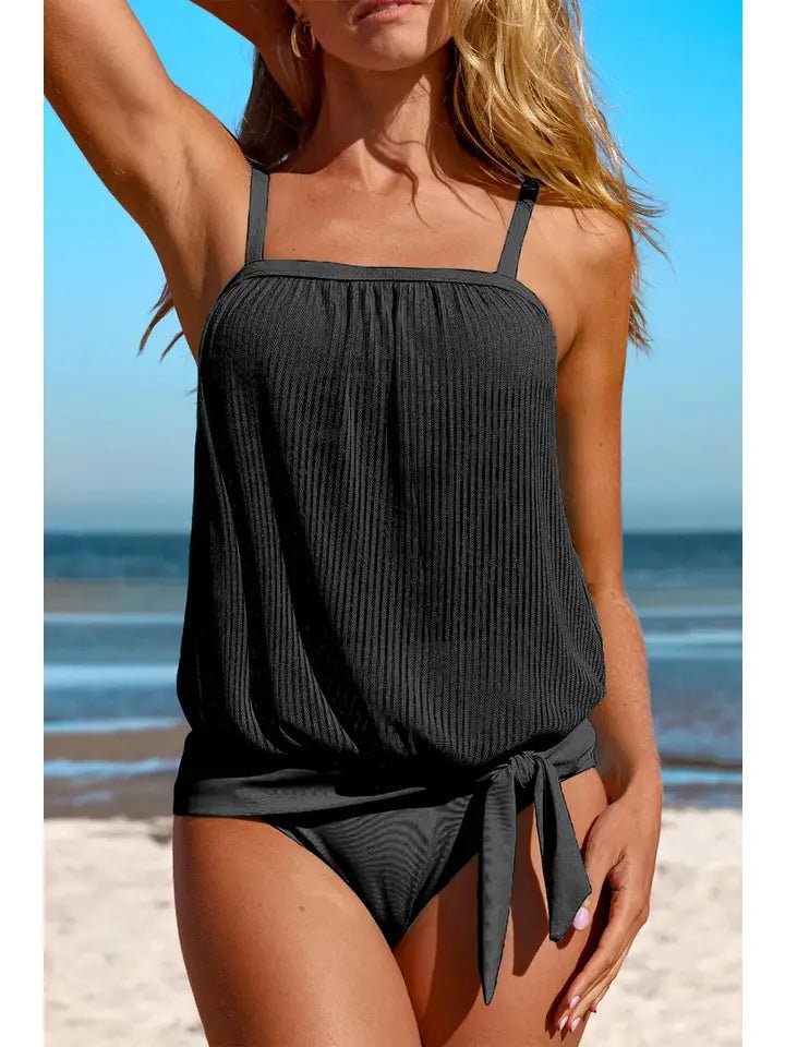 Black Striped Mesh Knotted Hem Tankini Swimsuit - Bambolina’s Boutique