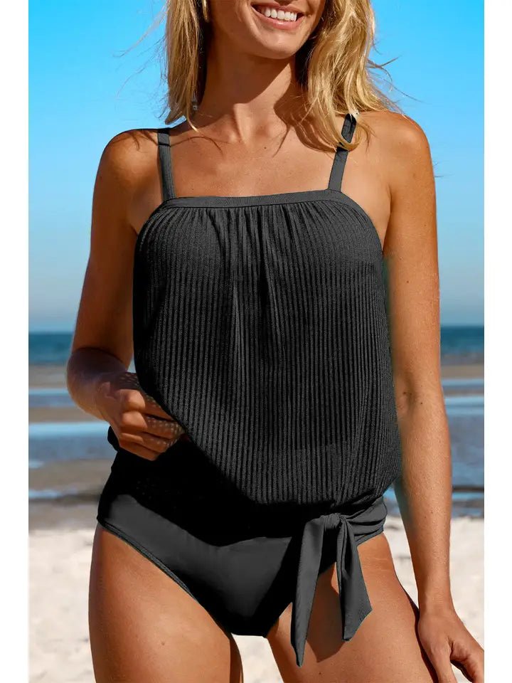 Black Striped Mesh Knotted Hem Tankini Swimsuit - Bambolina’s Boutique