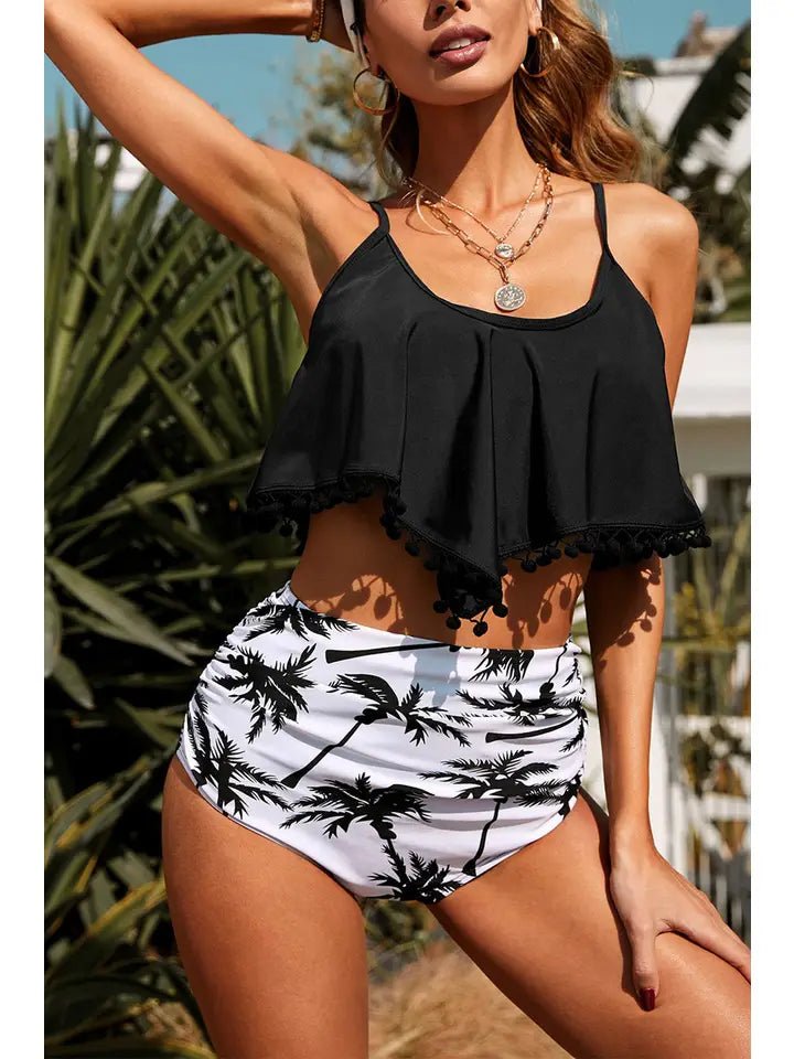 Black & White Tropical Print Tassel High Waist Swimsuit - Bambolina’s Boutique