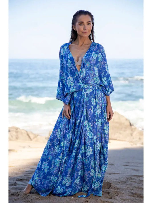 Kaftan Blue Block Printed Cover/Robe - Bambolina’s Boutique