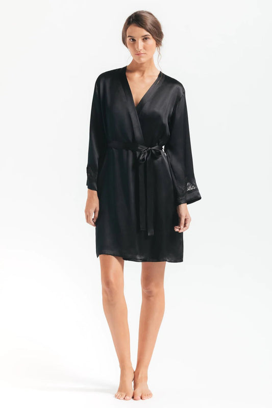 NK IMODE - Morgan Iconic Lace Silk Short Robe Black - Bambolina’s Boutique