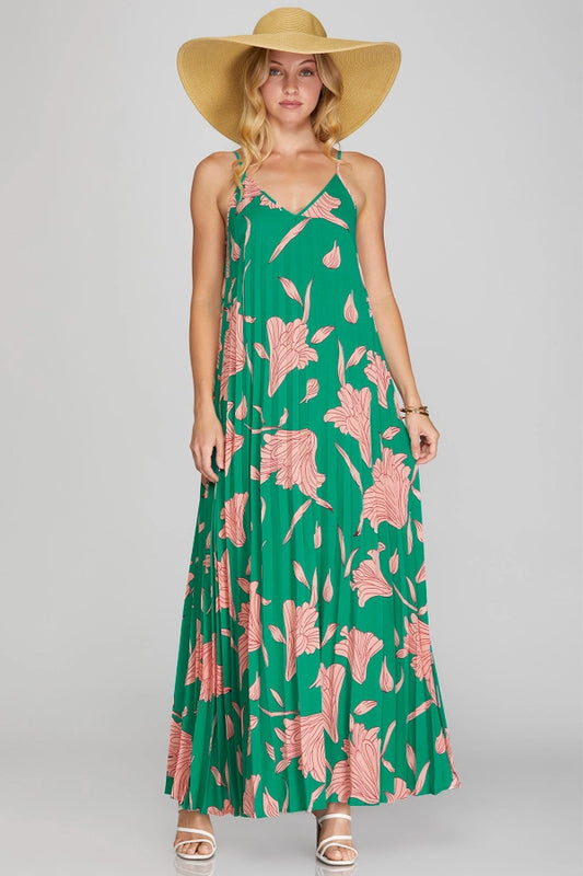 Pleated Woven Jade Print Maxi Cami Dress