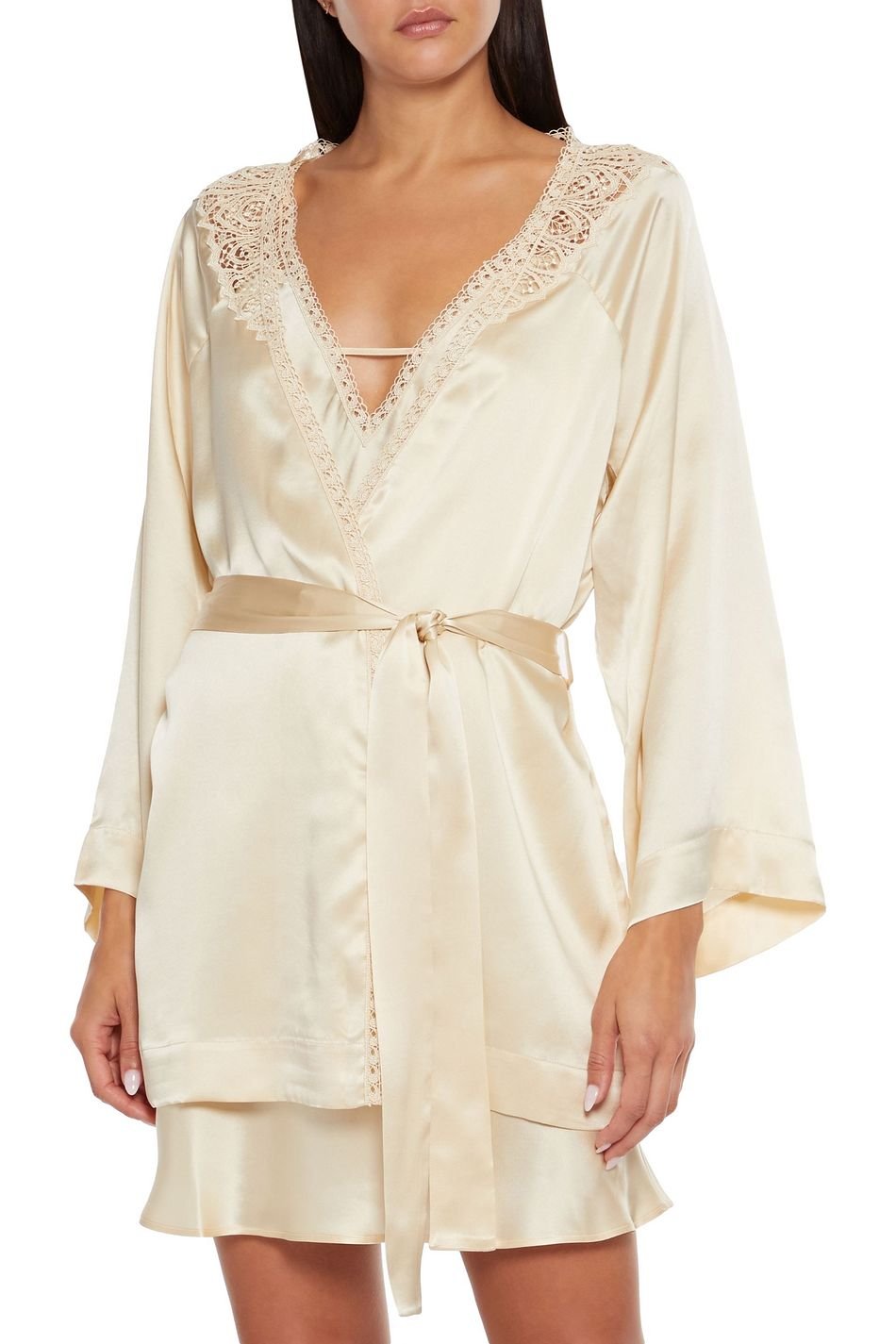 Simone Perele - Guipure Lace - Trimmed Silk Blend Satin Robe Gold - Bambolina’s Boutique