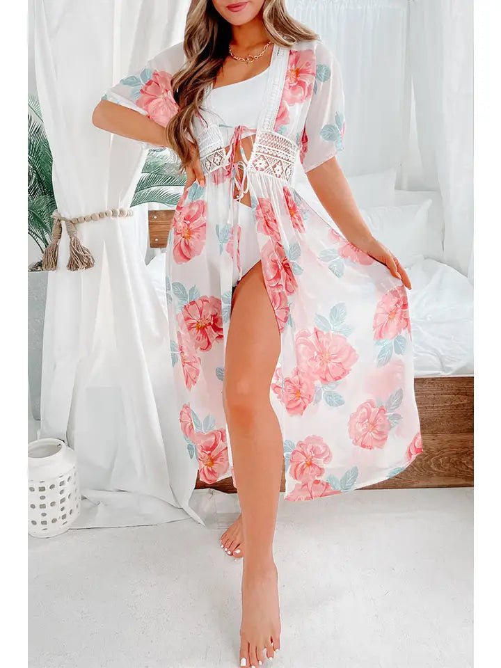 White Floral Print Lace Splicing Knot Front Beach Cover Up - Bambolina’s Boutique