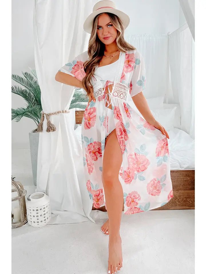 White Floral Print Lace Splicing Knot Front Beach Cover Up - Bambolina’s Boutique