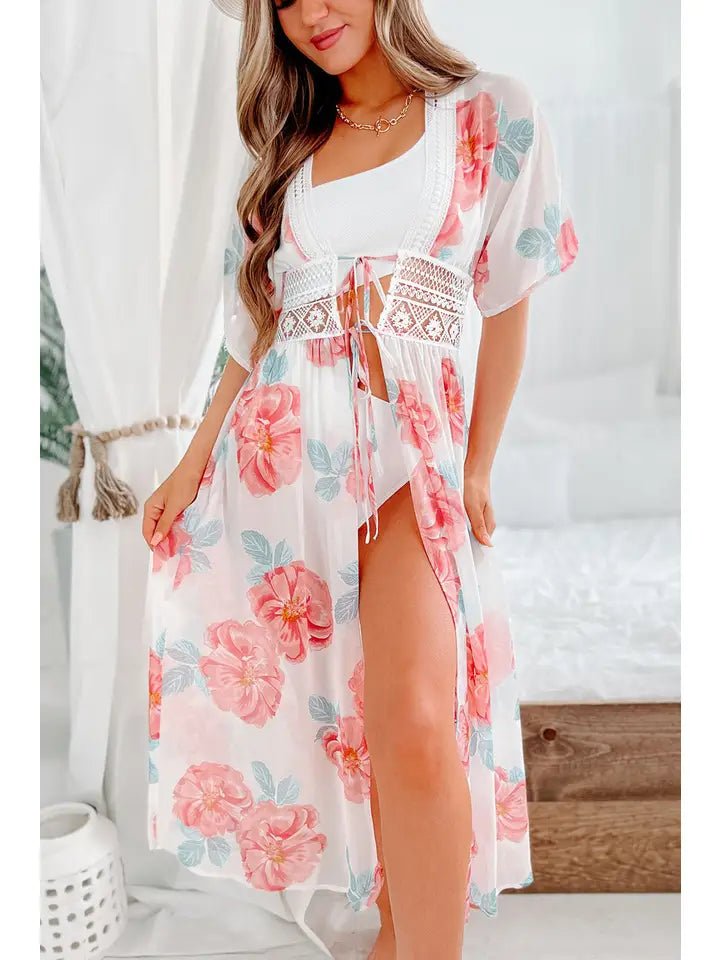 White Floral Print Lace Splicing Knot Front Beach Cover Up - Bambolina’s Boutique